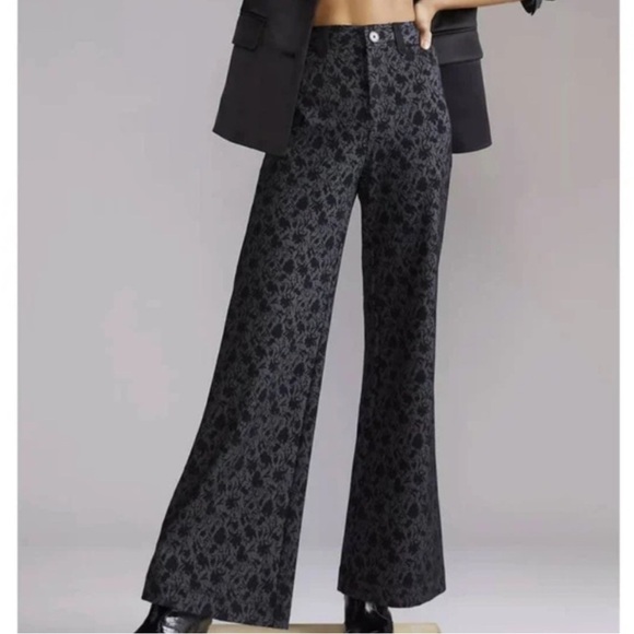 Maeve Pants - Anthropologie Maeve Jacquard Black Gray Floral Paisley Flare Wide Leg Pants 0